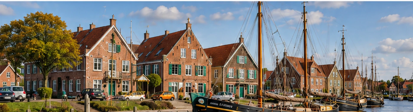 Ostfriesischer Hafen mit historischen Häusern und Booten
