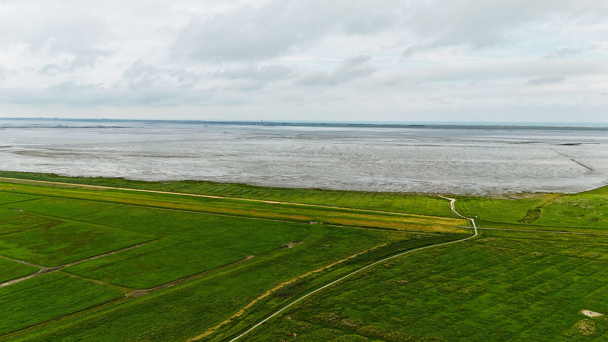 Blick auf den Naturstrand Hilgenriedersiel. Im Hintergrund ist die Ostfriesische Insel Norderney zu sehen.